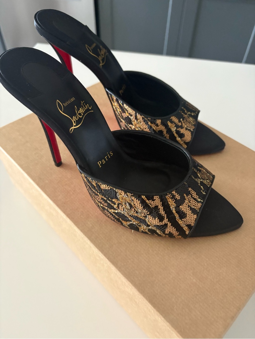 Christian Louboutin Black and Gold Embroidered Mule Heels - Picture 2 of 7